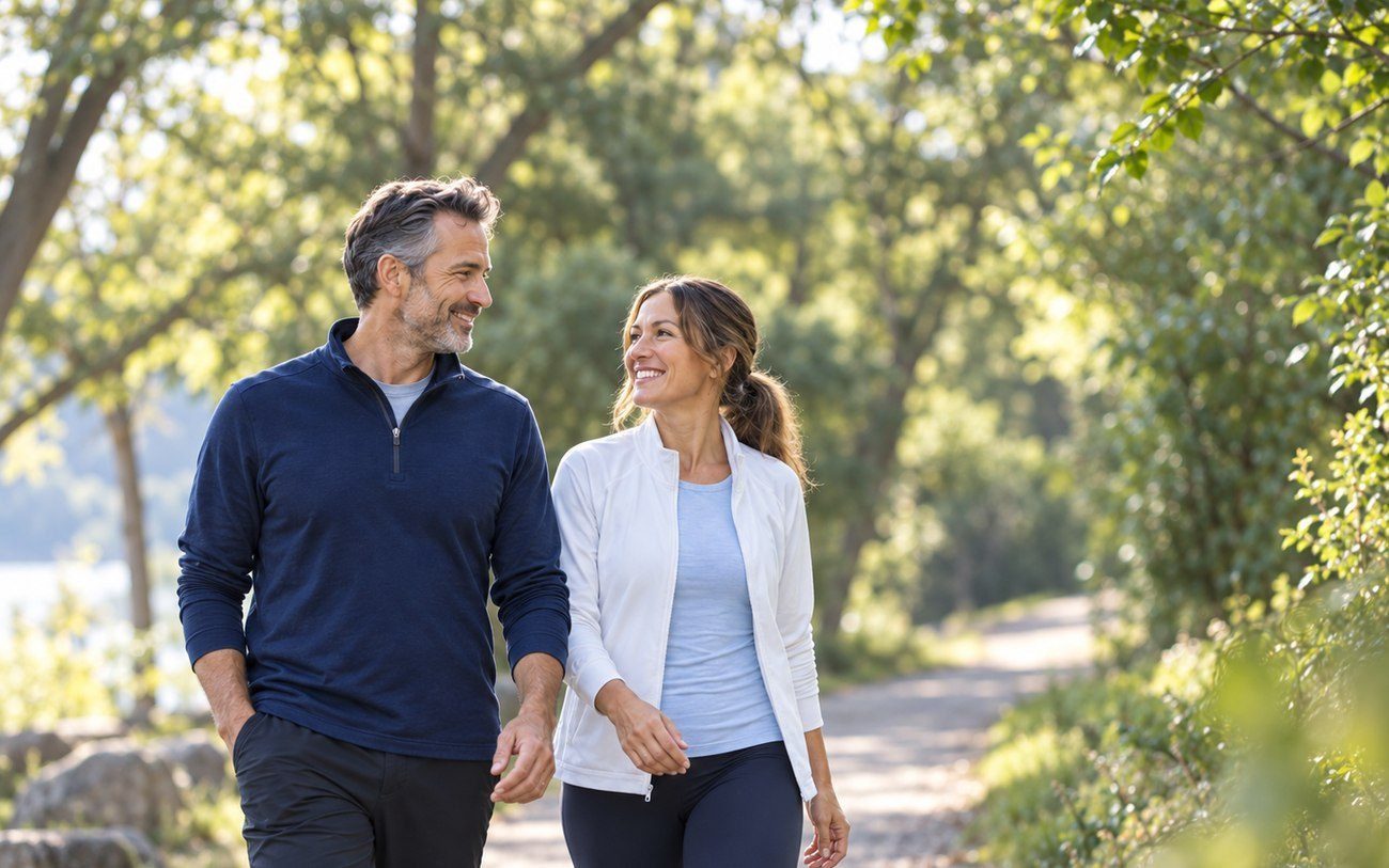 A couple walking a desert path